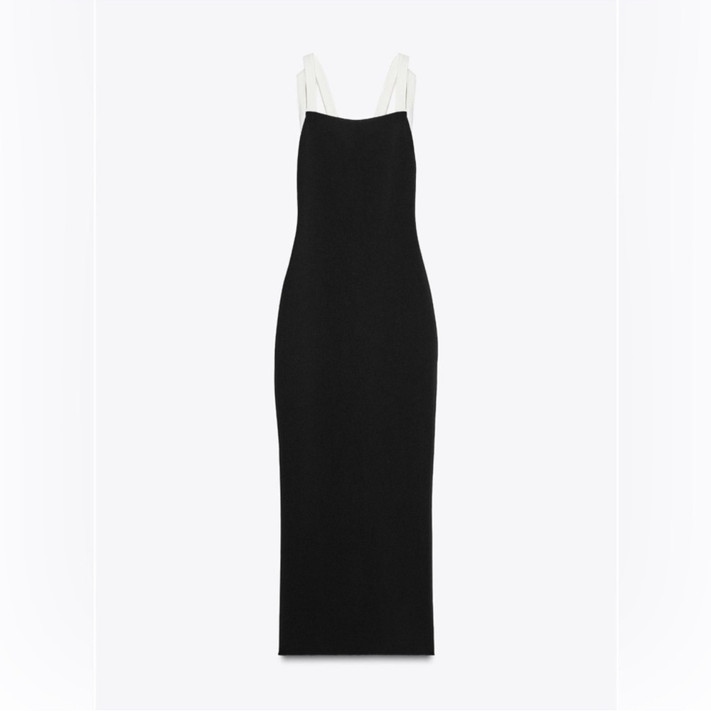 NWT Zara Stretch Contrast Elegant Black Dress w/ Bow Detail Size Medium - Picture 7 of 7
